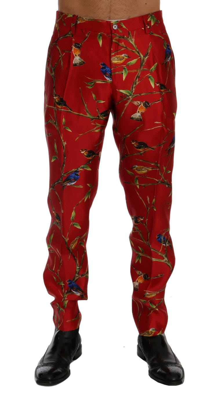 Pantalones elegantes de seda con estampado de pájaros rojos de Dolce &amp; Gabbana