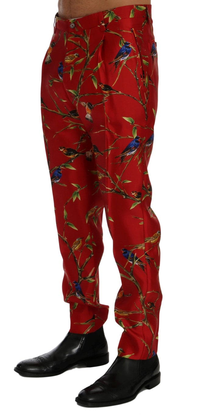 Pantalon habillé en soie élégant Dolce &amp; Gabbana à imprimé oiseaux rouges