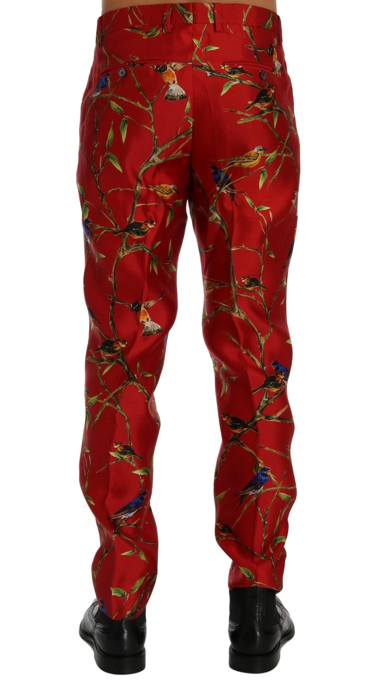 Pantalon habillé en soie élégant Dolce &amp; Gabbana à imprimé oiseaux rouges