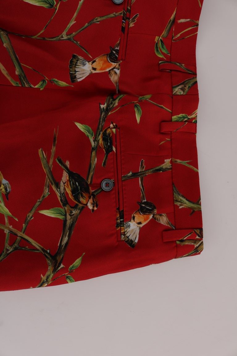 Pantalones elegantes de seda con estampado de pájaros rojos de Dolce &amp; Gabbana