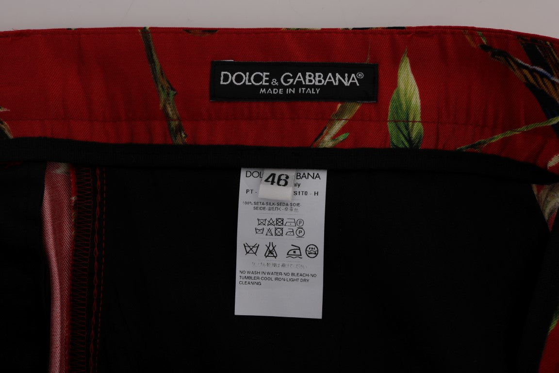 Pantalon habillé en soie élégant Dolce &amp; Gabbana à imprimé oiseaux rouges