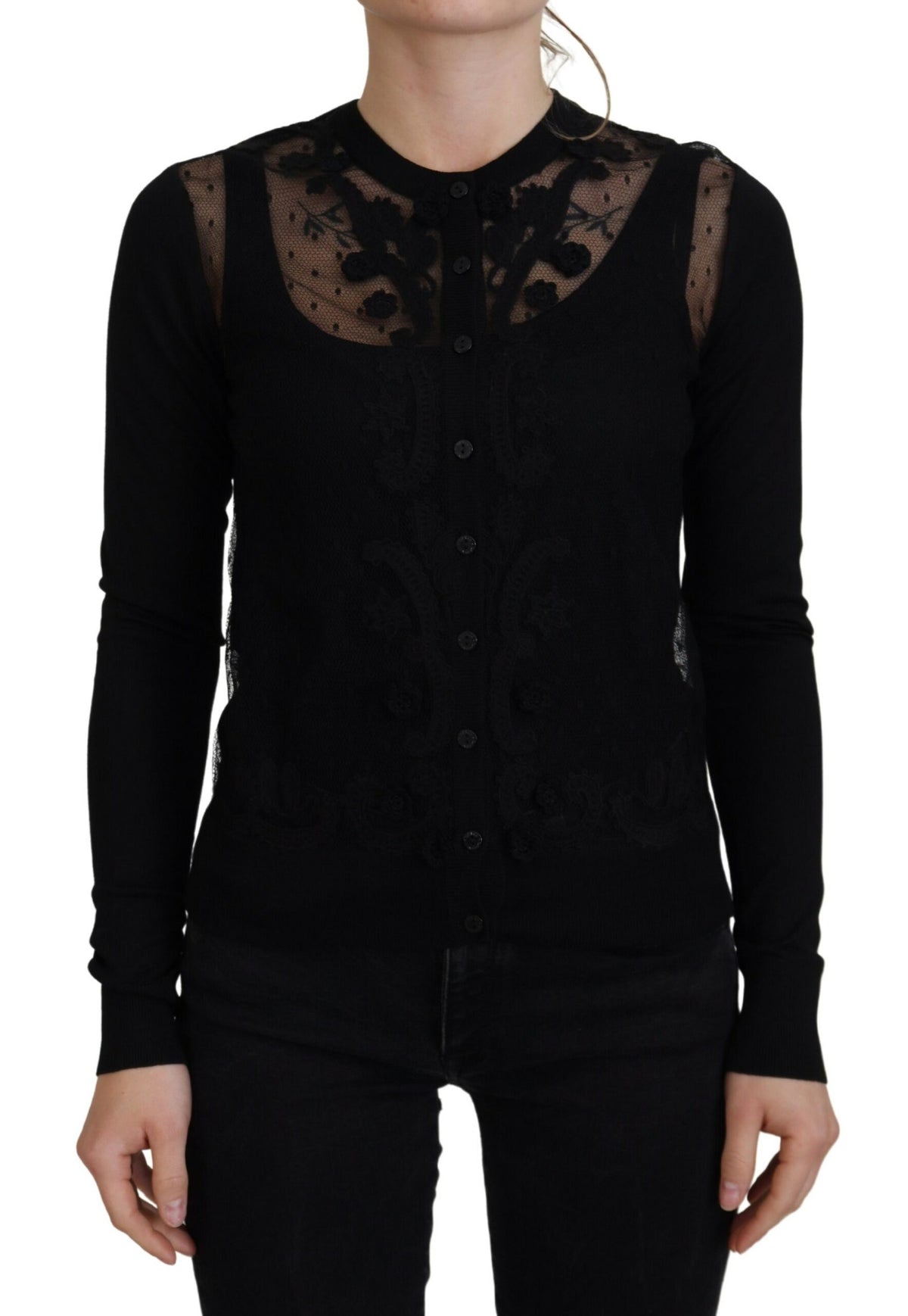 Pull cardigan élégant en dentelle florale noire Dolce &amp; Gabbana