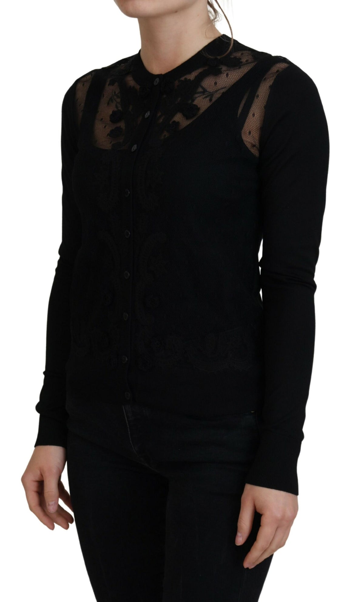 Pull cardigan élégant en dentelle florale noire Dolce &amp; Gabbana