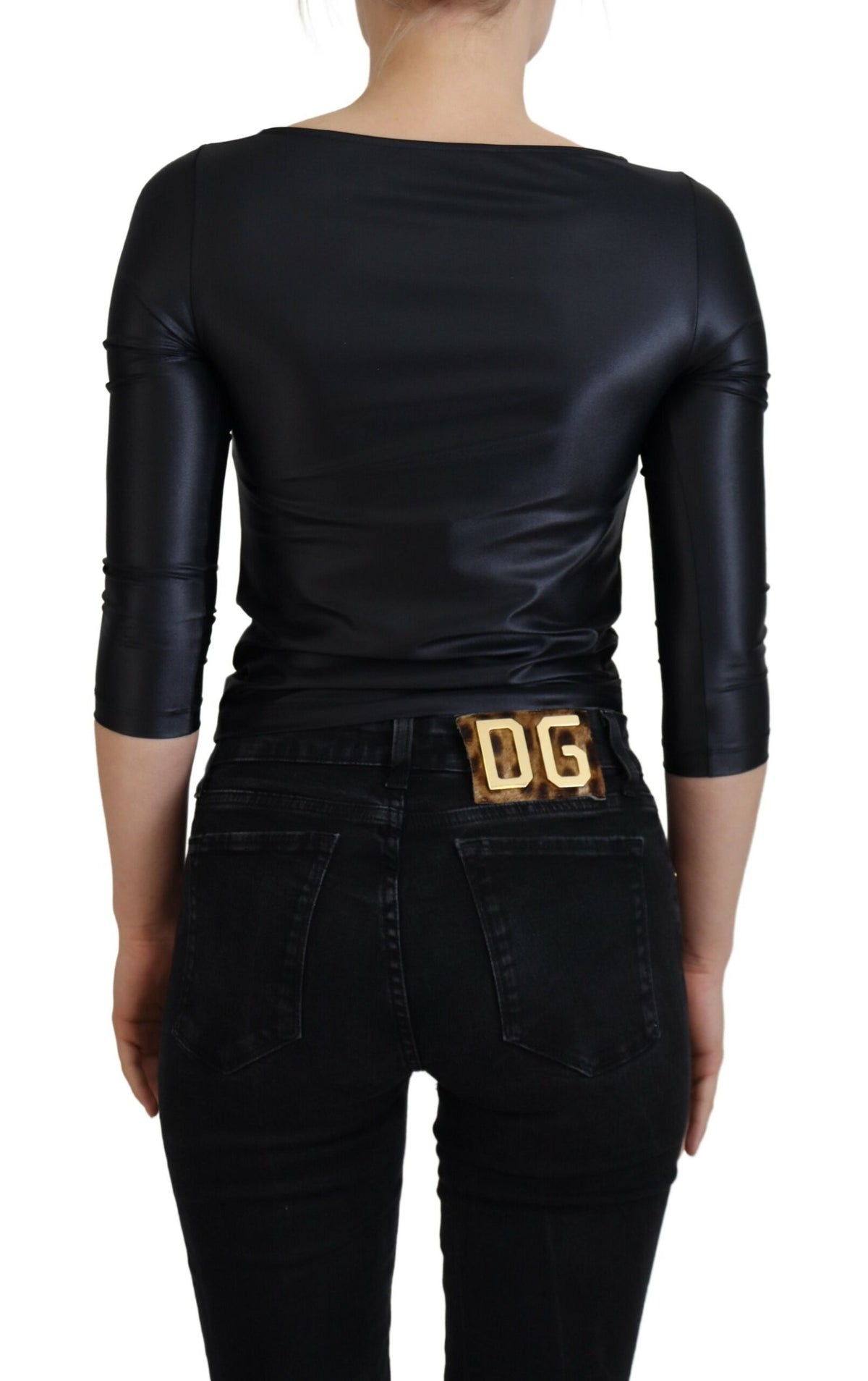 Elegante top negro de manga 3/4 con detalles dorados de Dolce &amp; Gabbana