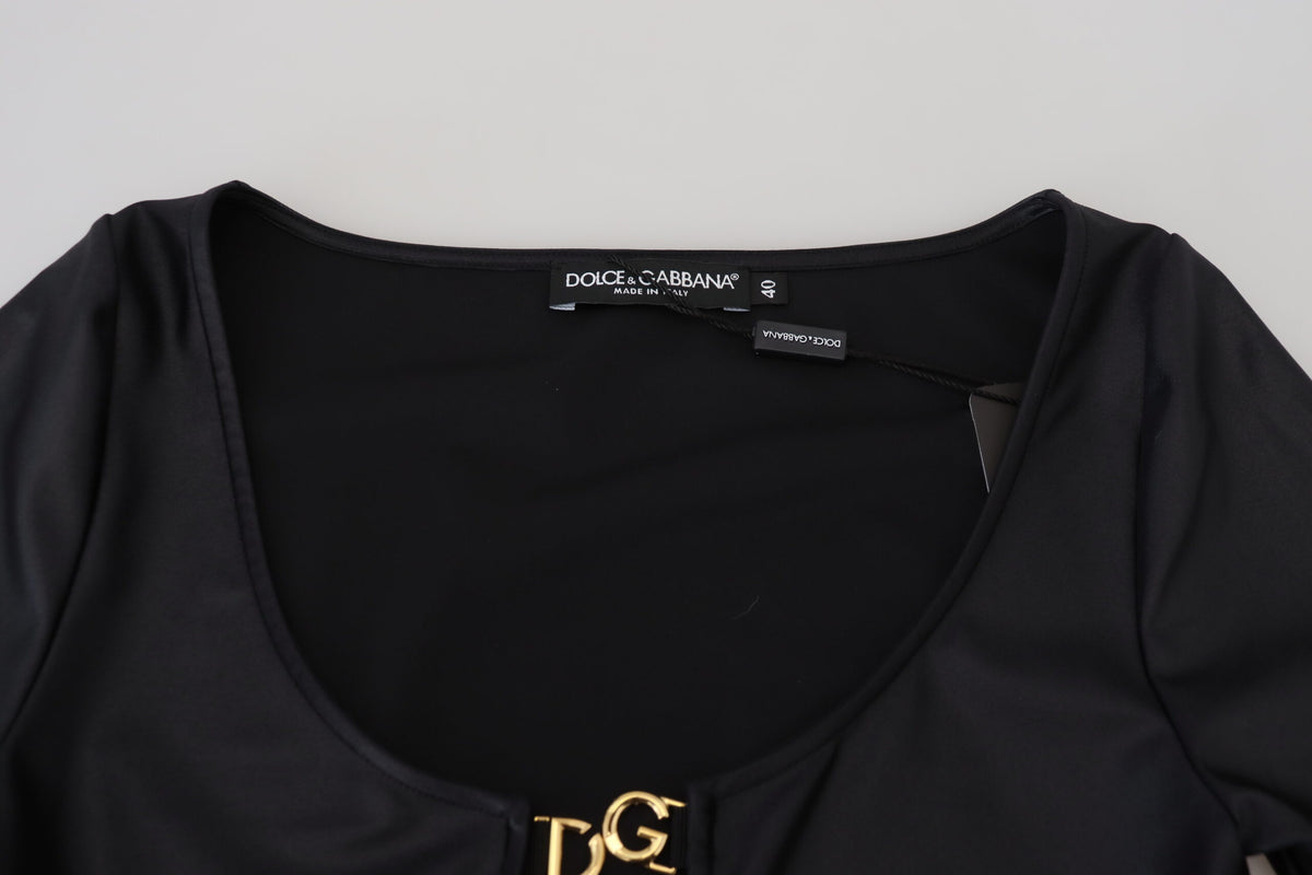 Elegante top negro de manga 3/4 con detalles dorados de Dolce &amp; Gabbana