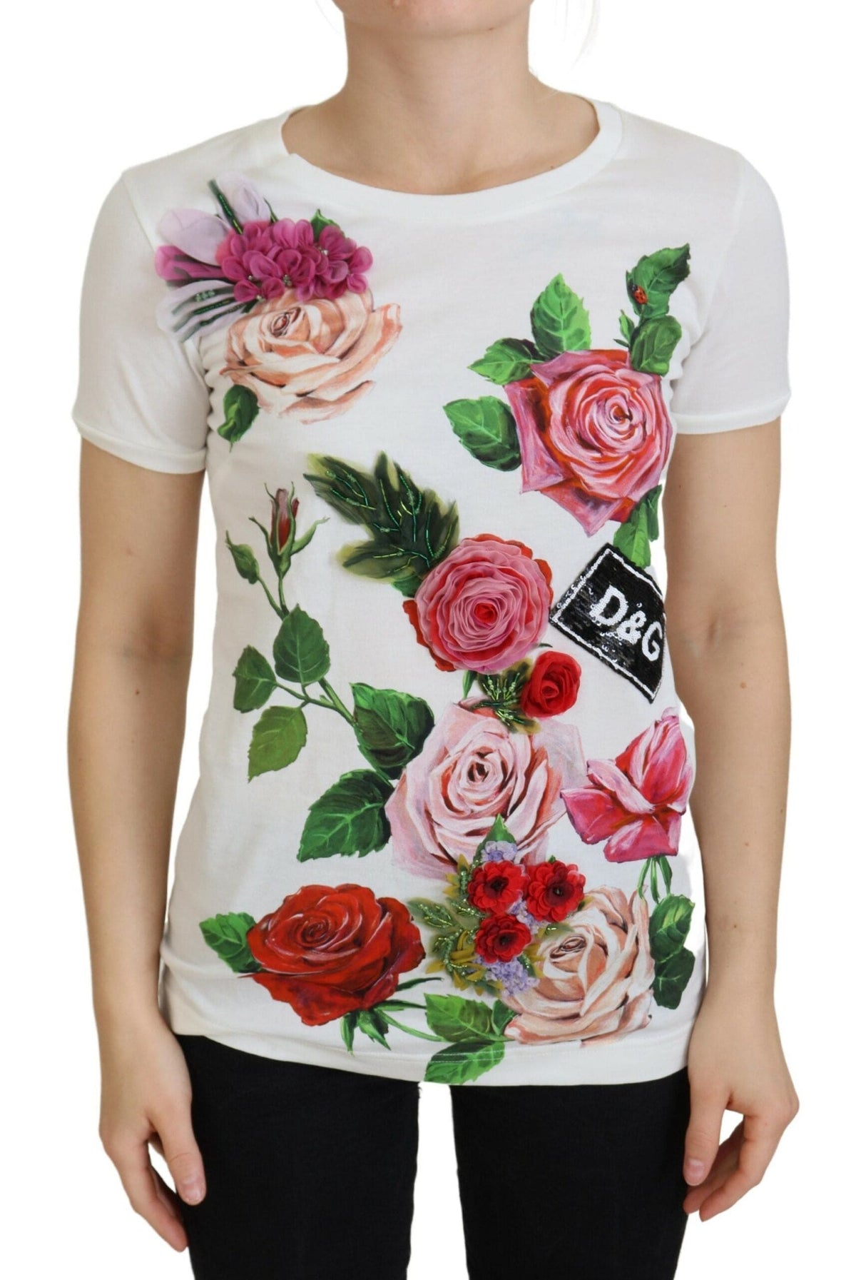 T-shirt en coton à imprimé roses multicolores élégant de Dolce &amp; Gabbana