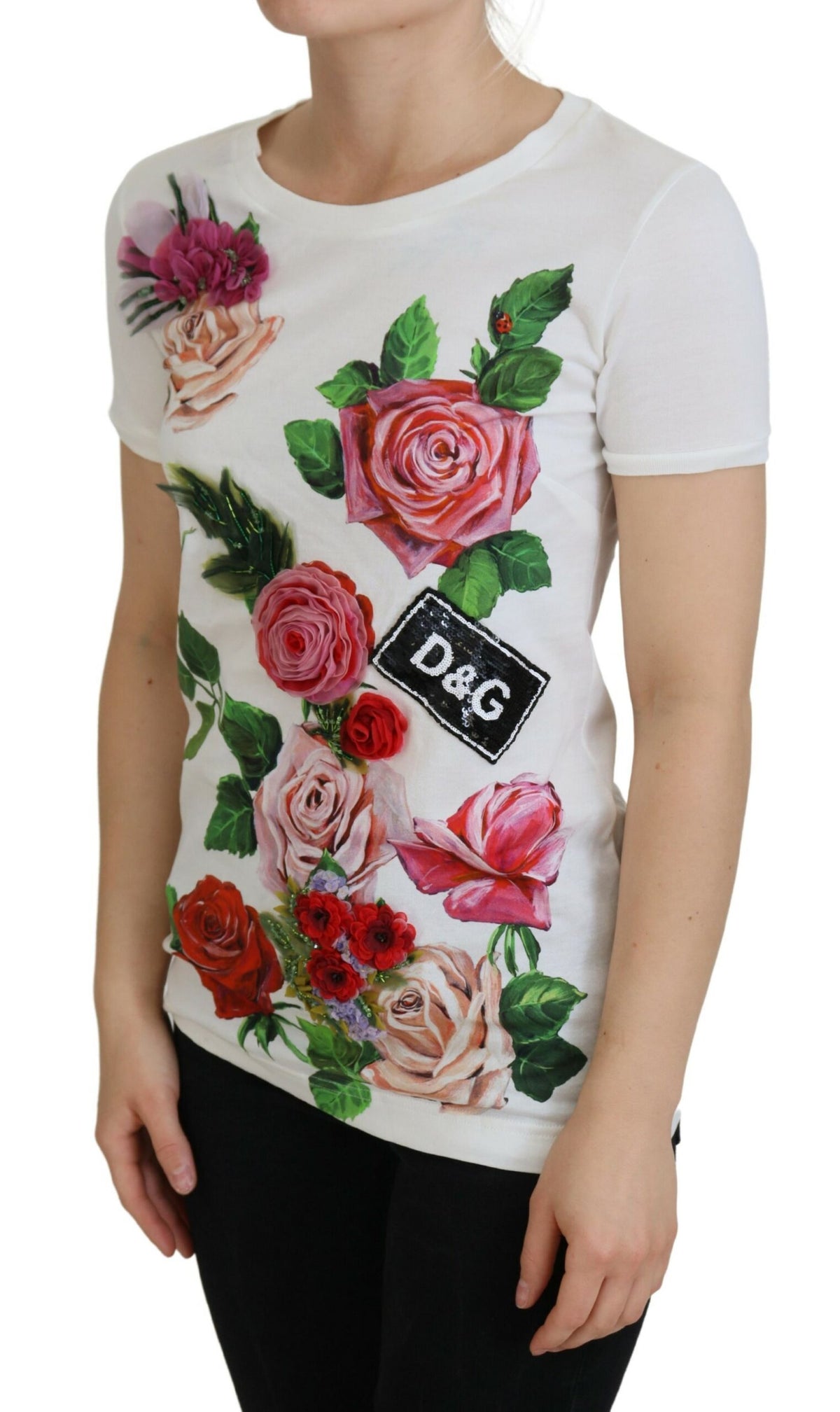 T-shirt en coton à imprimé roses multicolores élégant de Dolce &amp; Gabbana