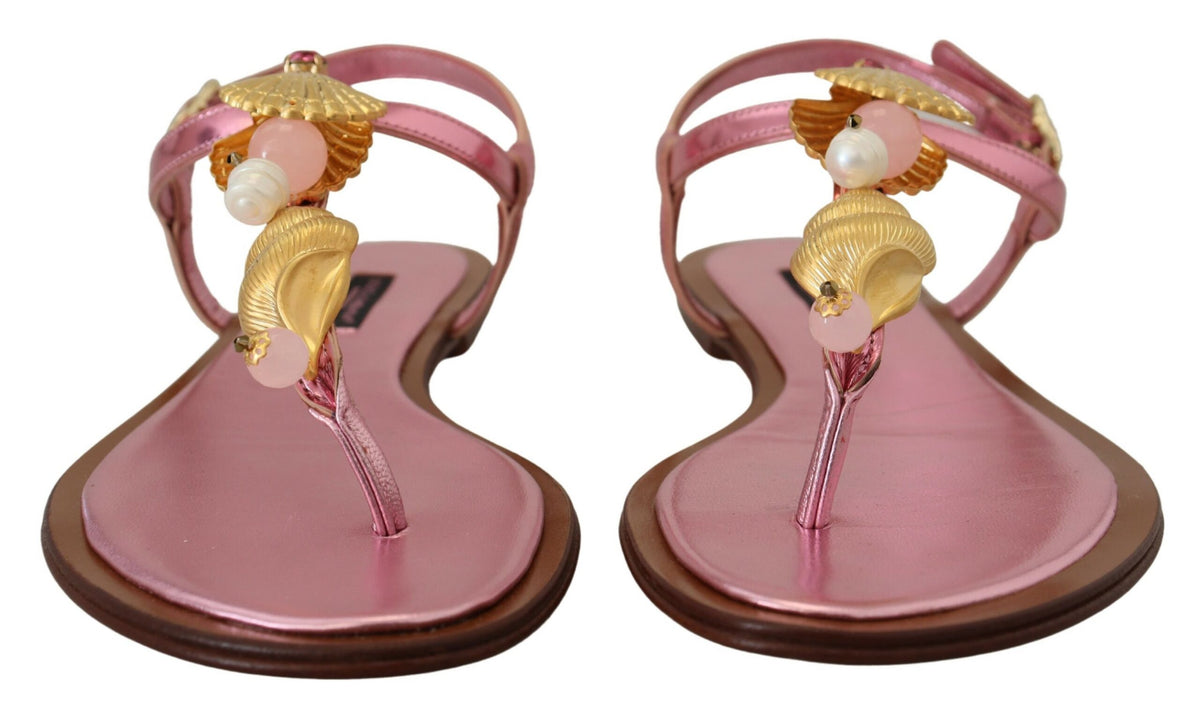 Sandales chics en cuir rose Dolce &amp; Gabbana avec des ornements exquis