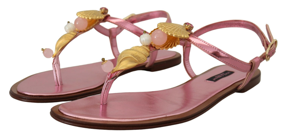 Sandales chics en cuir rose Dolce &amp; Gabbana avec des ornements exquis