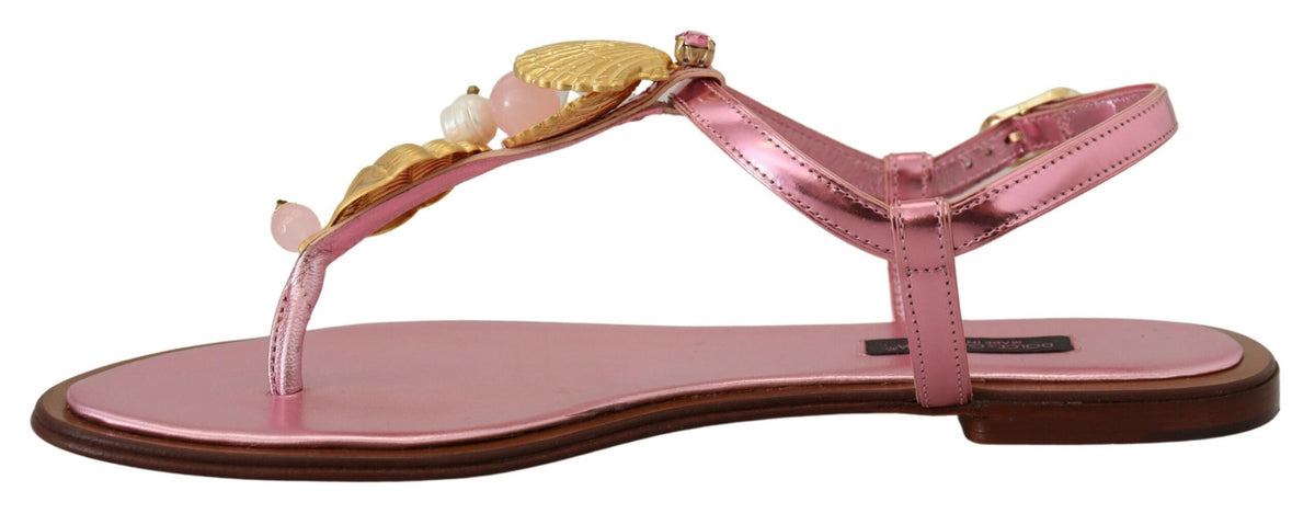 Sandales chics en cuir rose Dolce &amp; Gabbana avec des ornements exquis