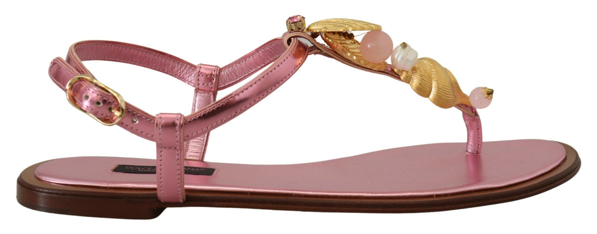 Dolce & Gabbana Chic Pink Leather Sandals with Exquisite Embellishment