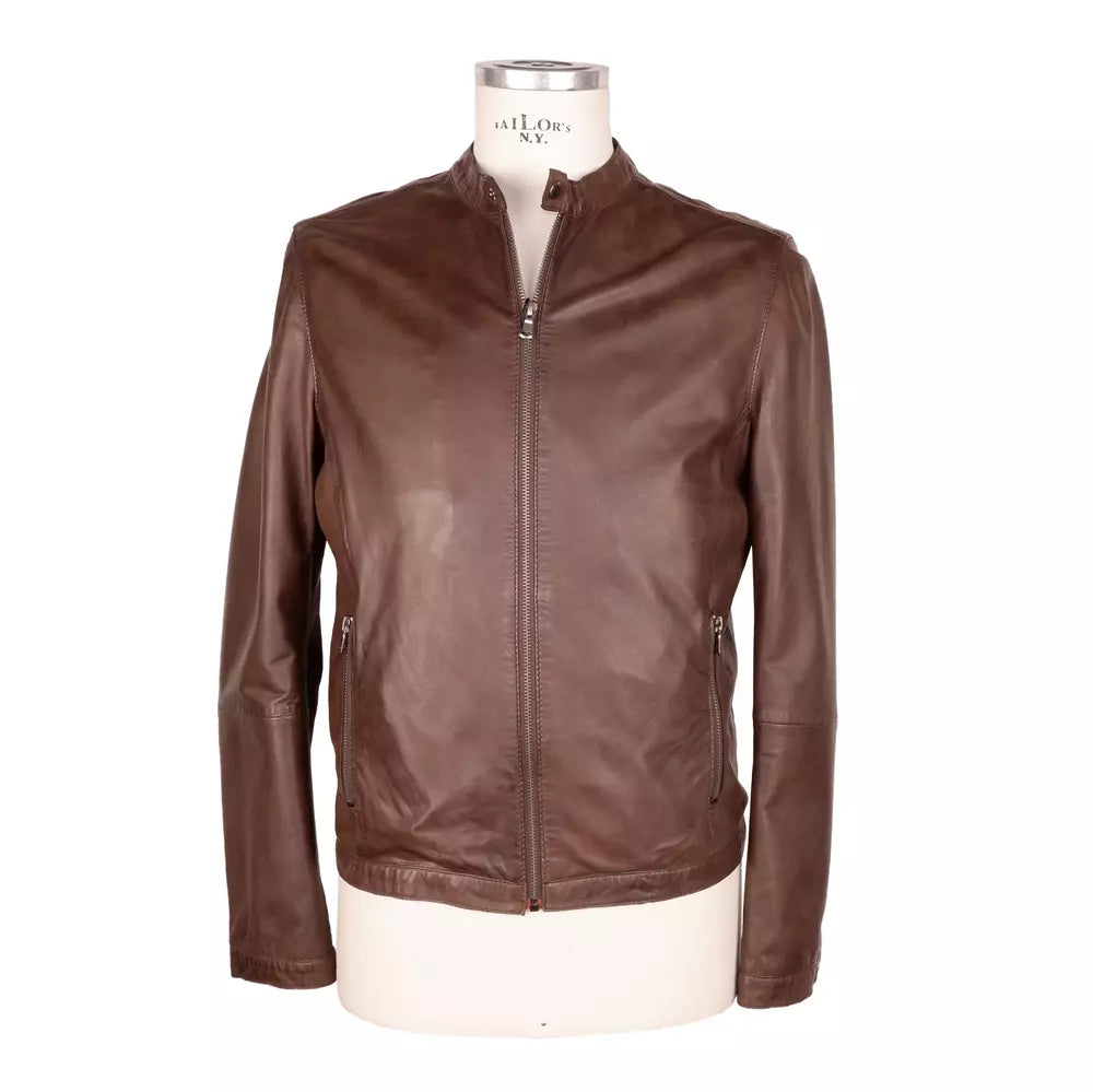 Veste en cuir marron élégante avec col à pression Emilio Romanelli