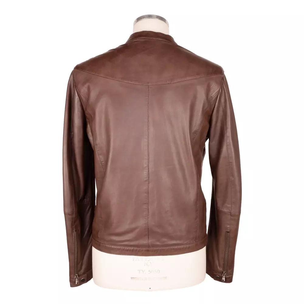 Veste en cuir marron élégante avec col à pression Emilio Romanelli