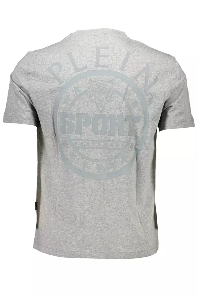 Camiseta elegante de cuello redondo gris con estampado llamativo en la espalda de Plein Sport