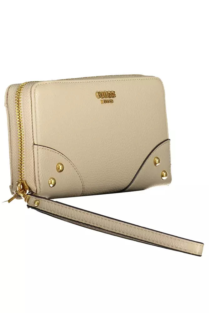 Guess Jeans Beige Chic Zip Wallet with Contrasting Accents