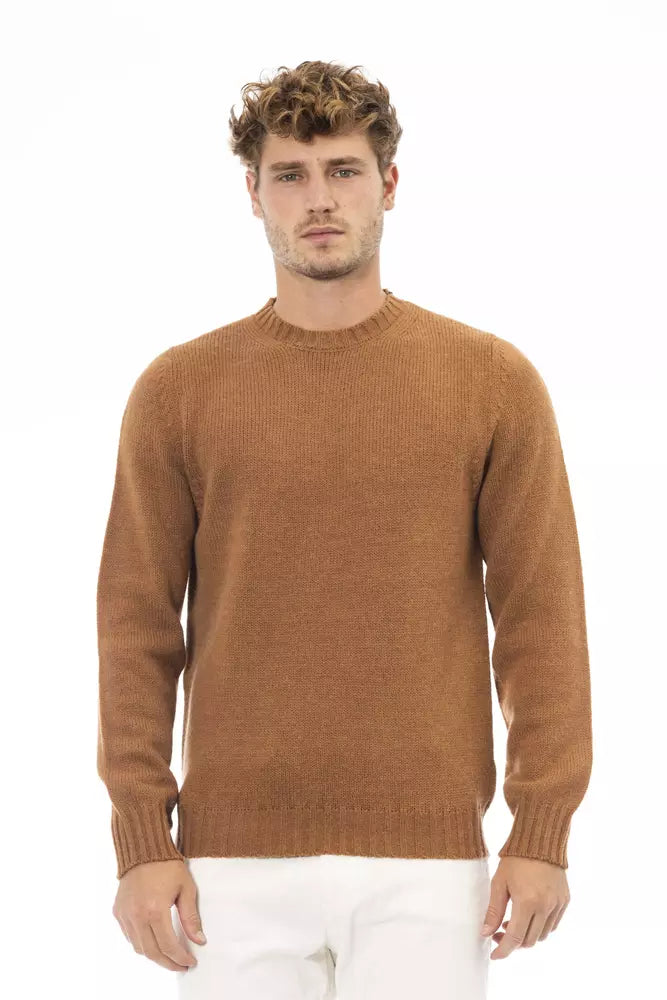 Suéter de cuello redondo en mezcla de alpaca beige de Alpha Studio para hombre