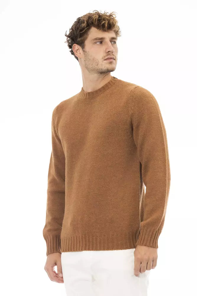 Suéter de cuello redondo en mezcla de alpaca beige de Alpha Studio para hombre