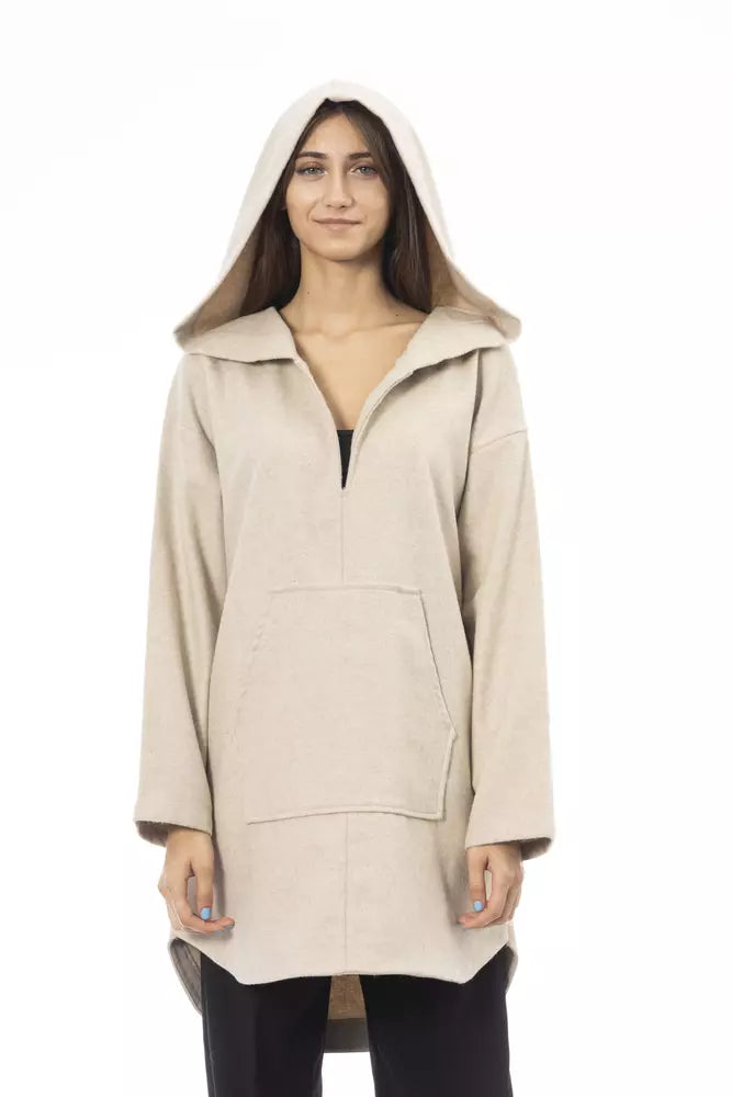 Alpha Studio Beige Wool Women Sweater with Hood