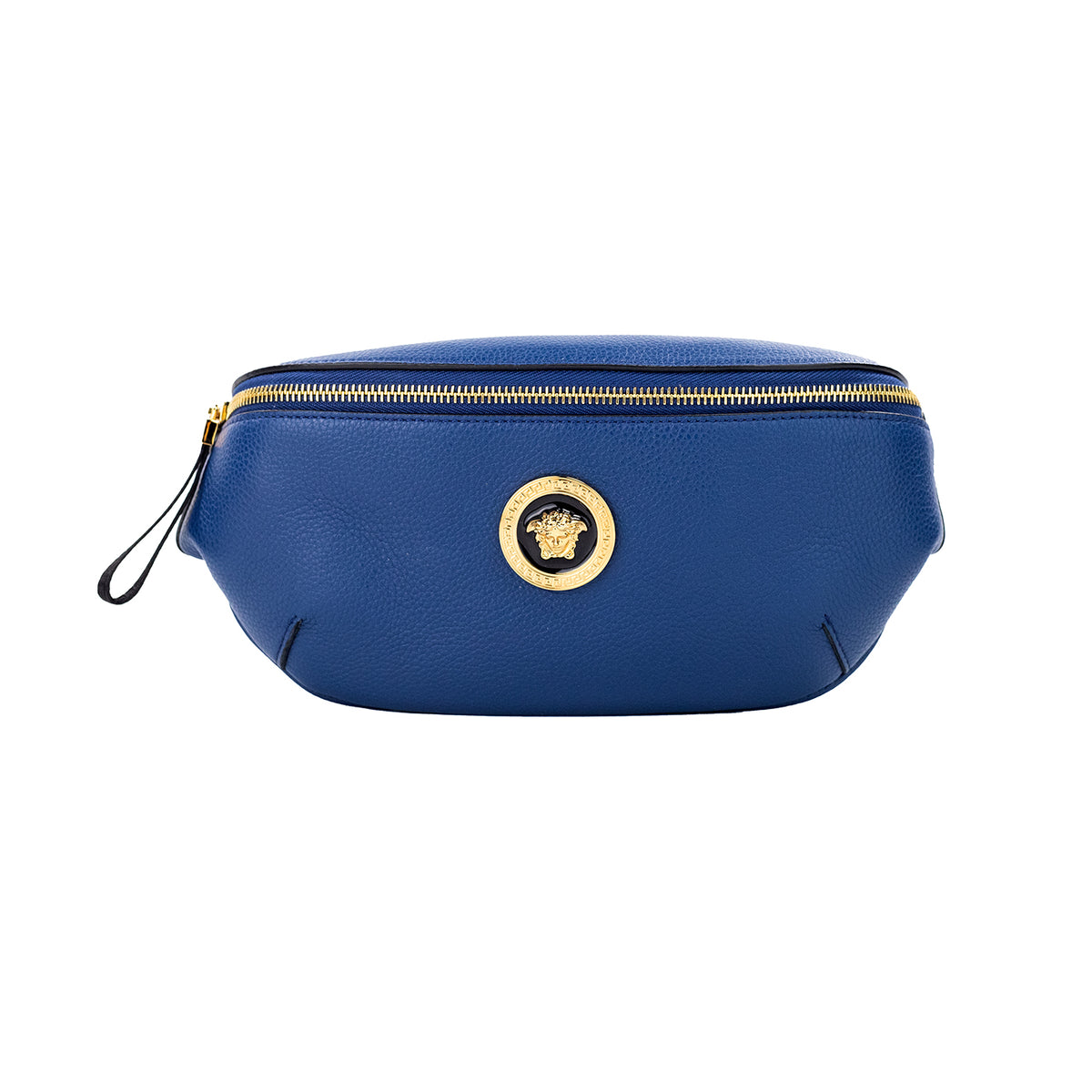 Sac banane Versace en cuir de veau bleu marine avec pendentif Medusa