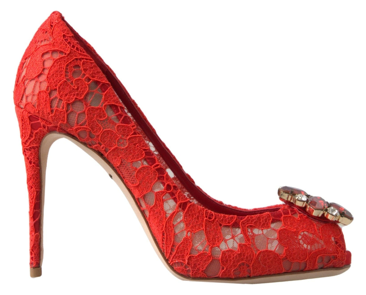 Escarpins Dolce &amp; Gabbana Chic en dentelle rouge avec ornements en cristal