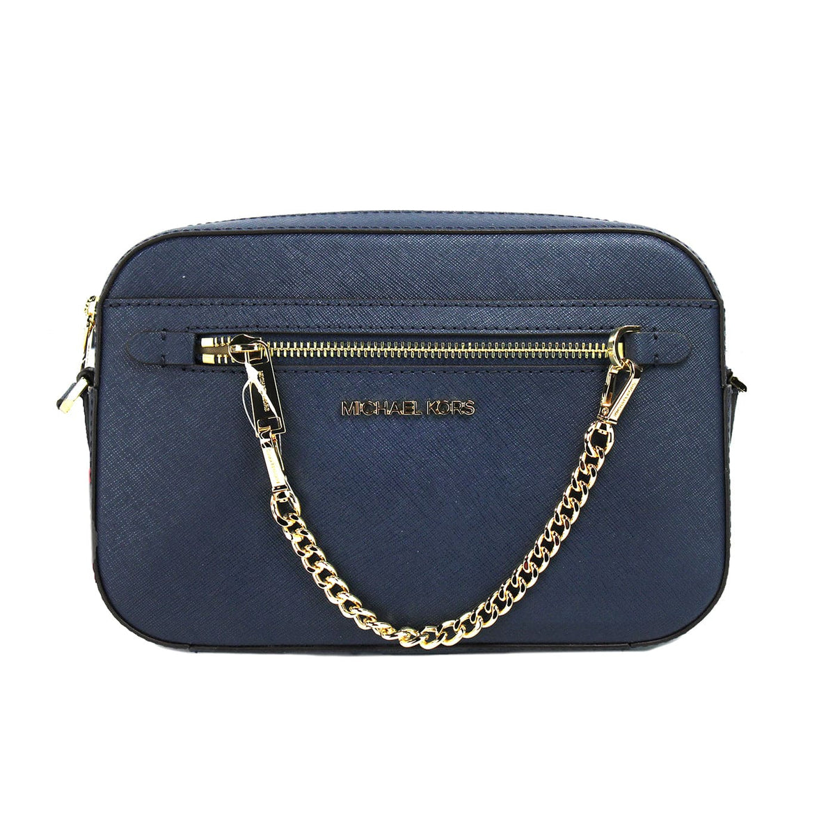 Sac à main Michael Kors Jet Set Large East West en cuir bleu marine avec fermeture éclair et chaîne