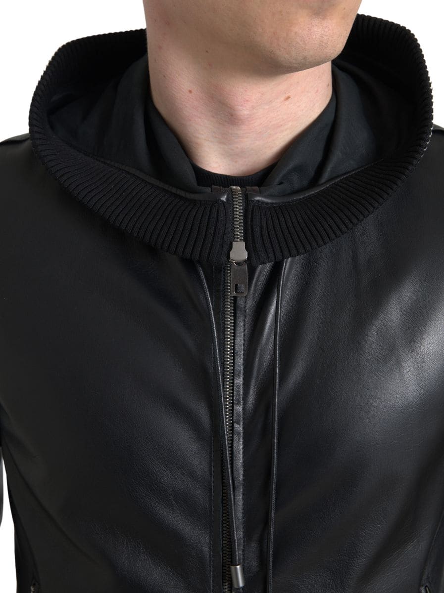 Veste bomber élégante en cuir noir Dolce &amp; Gabbana