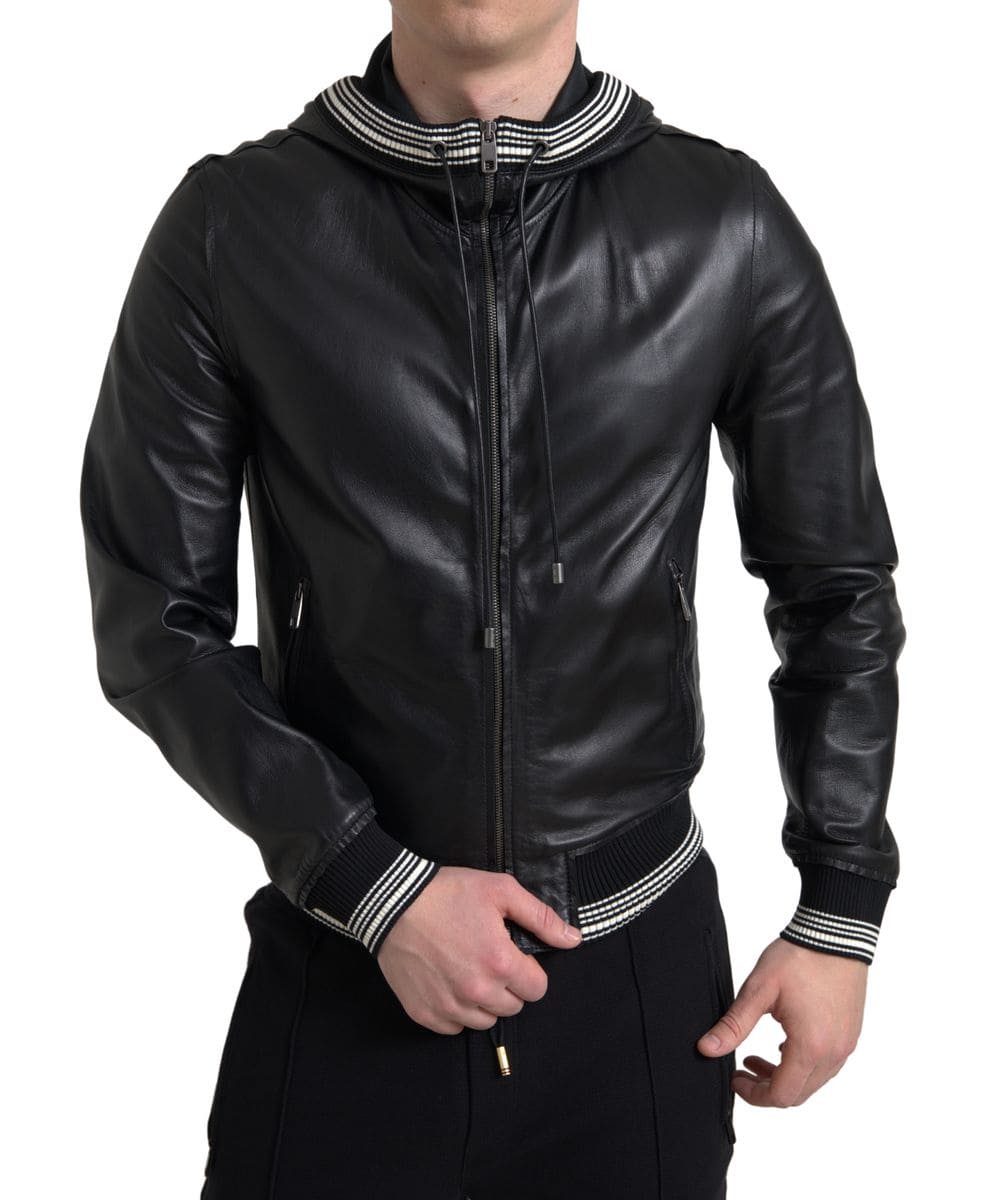 Veste bomber élégante en cuir noir Dolce &amp; Gabbana