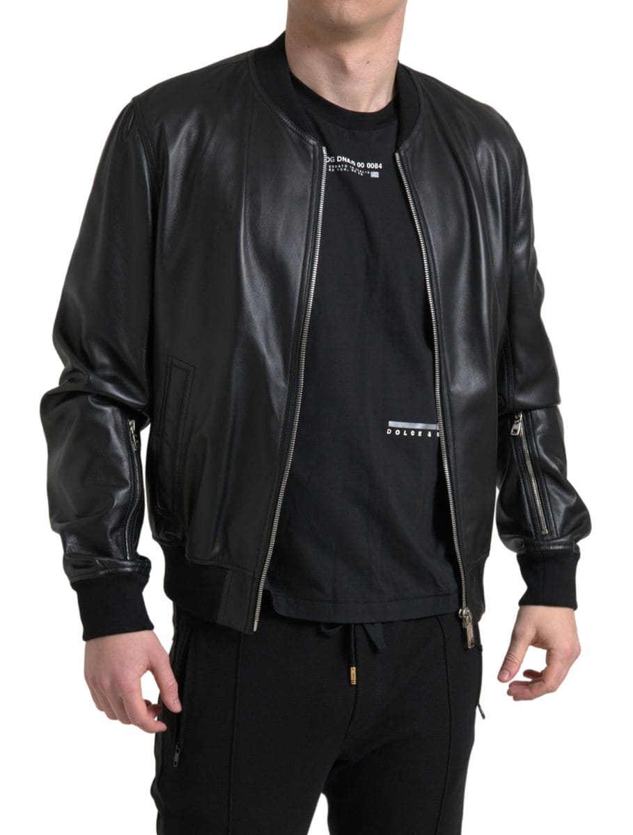 Elegante cazadora bomber de piel negra de Dolce &amp; Gabbana