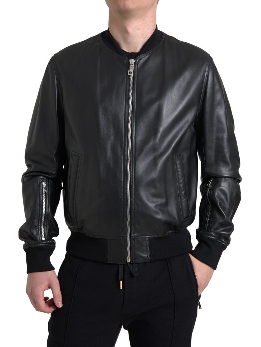 Elegante cazadora bomber de piel negra de Dolce &amp; Gabbana