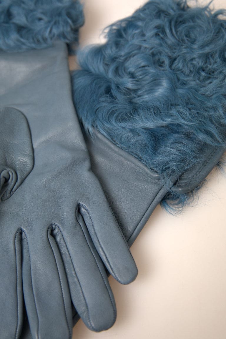 Gants élégants en cuir bleu avec bordure en fourrure Dolce &amp; Gabbana