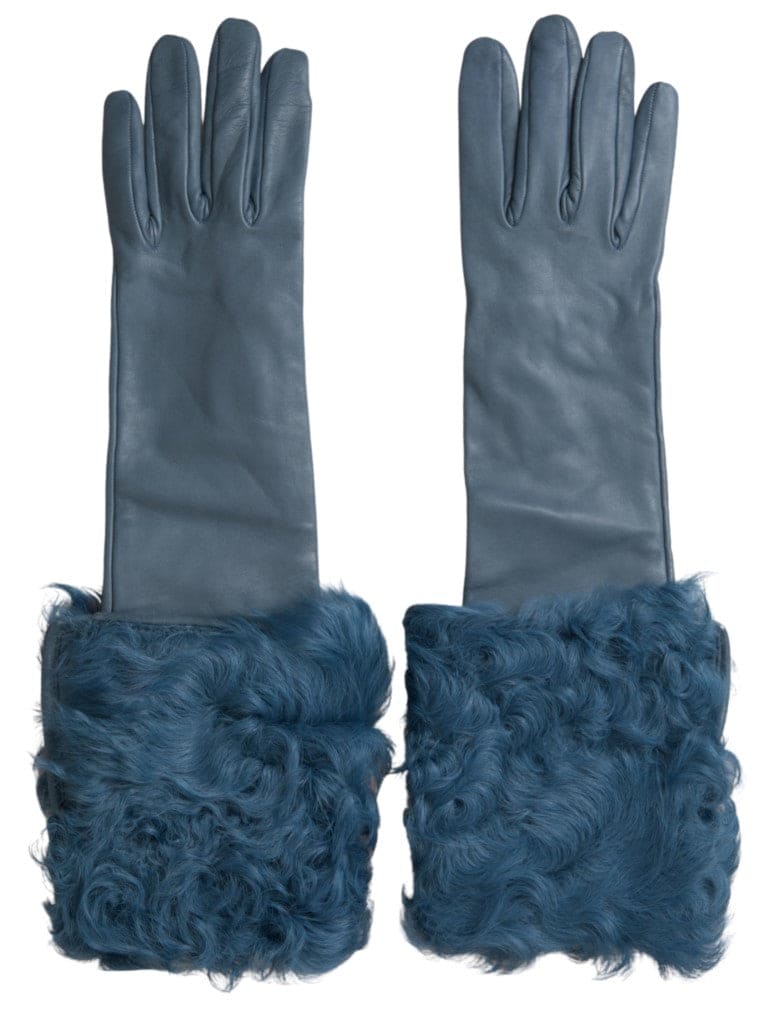 Guantes elegantes de piel azul con ribete de piel de Dolce &amp; Gabbana