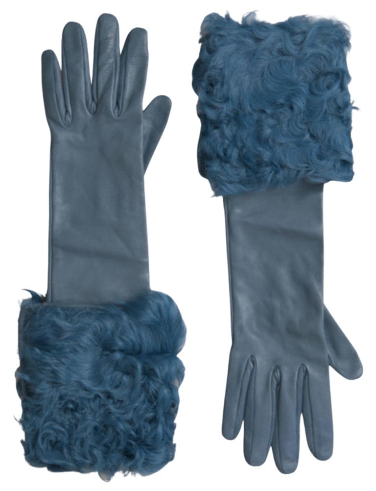 Guantes elegantes de piel azul con ribete de piel de Dolce &amp; Gabbana