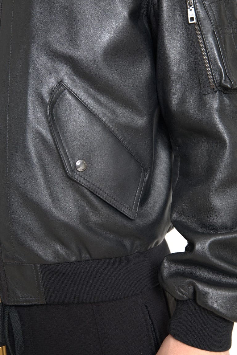 Veste bomber élégante en cuir noir Dolce &amp; Gabbana