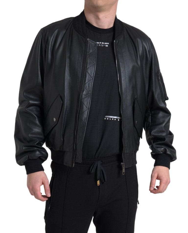 Veste bomber élégante en cuir noir Dolce &amp; Gabbana