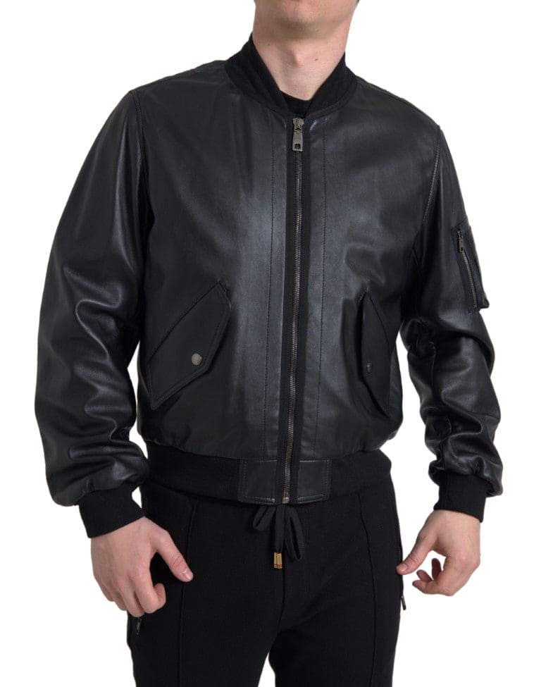 Veste bomber élégante en cuir noir Dolce &amp; Gabbana