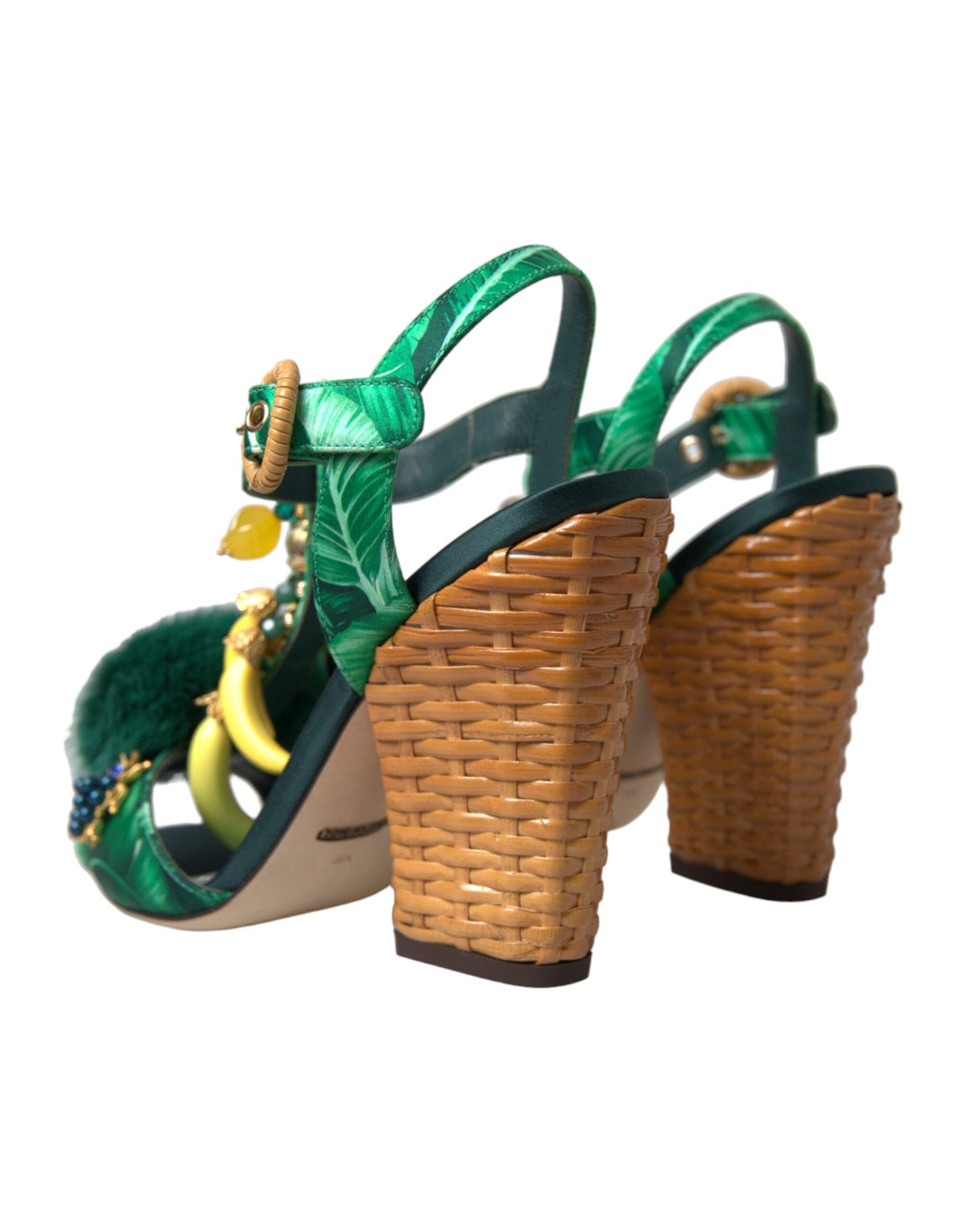 Sandalias con tiras en T de piel de visón con cristales verdes de Dolce &amp; Gabbana