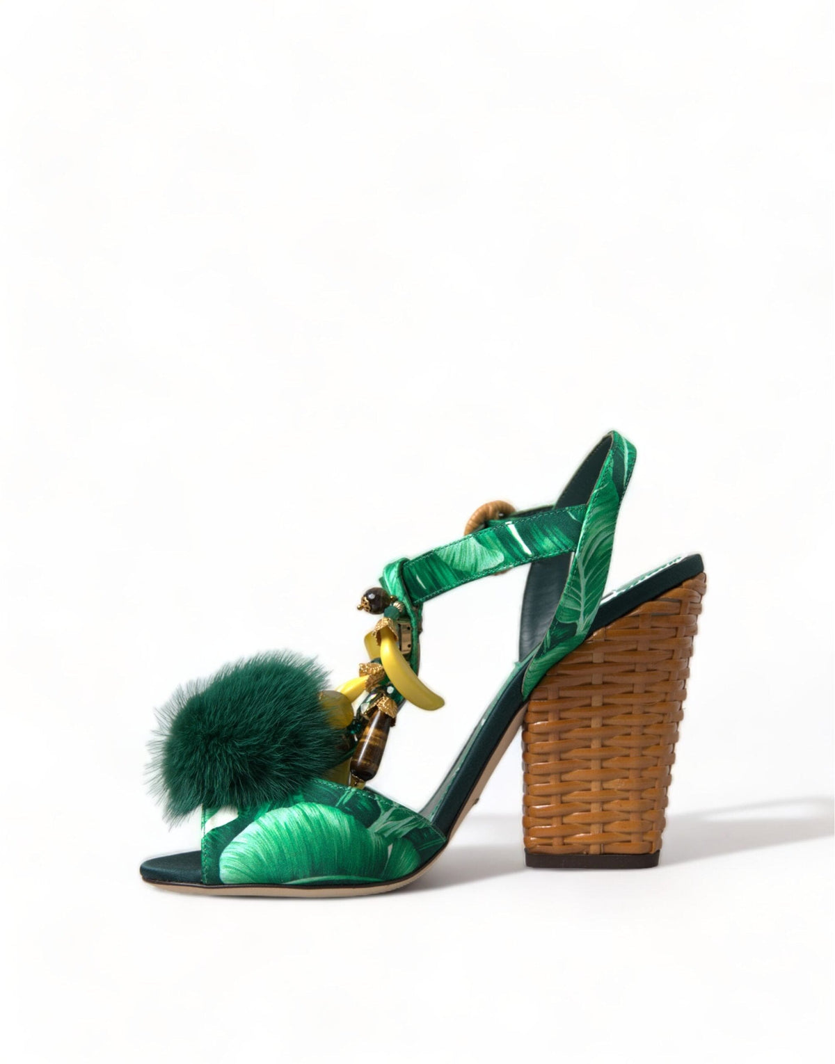 Sandalias con tiras en T de piel de visón con cristales verdes de Dolce &amp; Gabbana