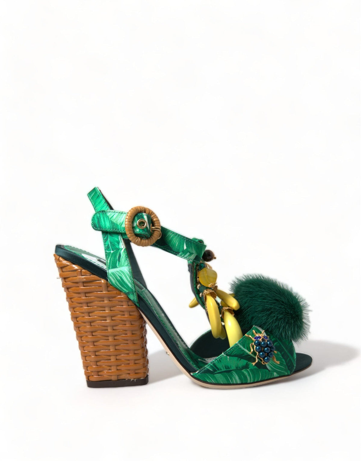 Sandalias con tiras en T de piel de visón con cristales verdes de Dolce &amp; Gabbana