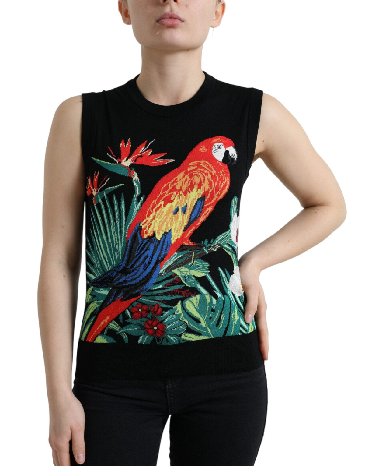 Débardeur élégant en laine et soie à col ras du cou Dolce &amp; Gabbana avec broderie d'oiseaux