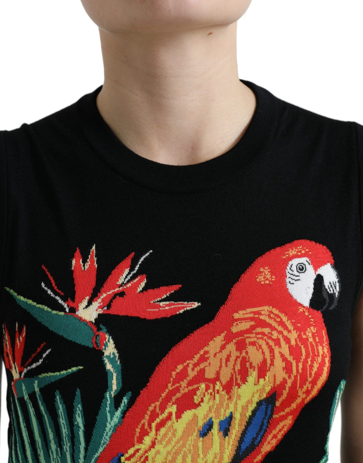 Débardeur élégant en laine et soie à col ras du cou Dolce &amp; Gabbana avec broderie d'oiseaux