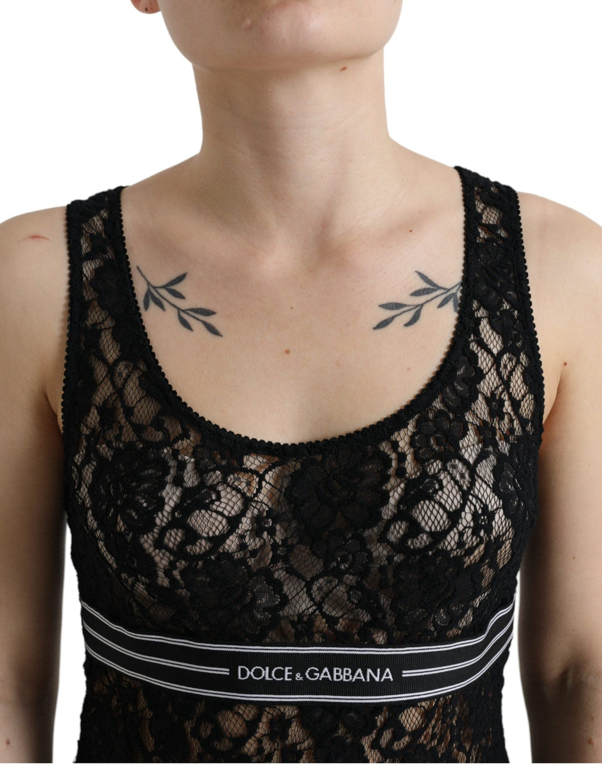 Elegante camiseta sin mangas de encaje con raya con logotipo de Dolce &amp; Gabbana