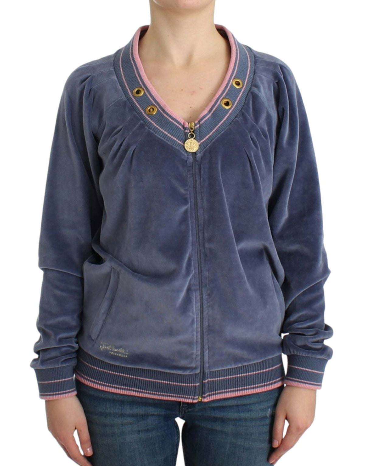 Cardigan zippé bleu élégant Cavalli avec détails dorés