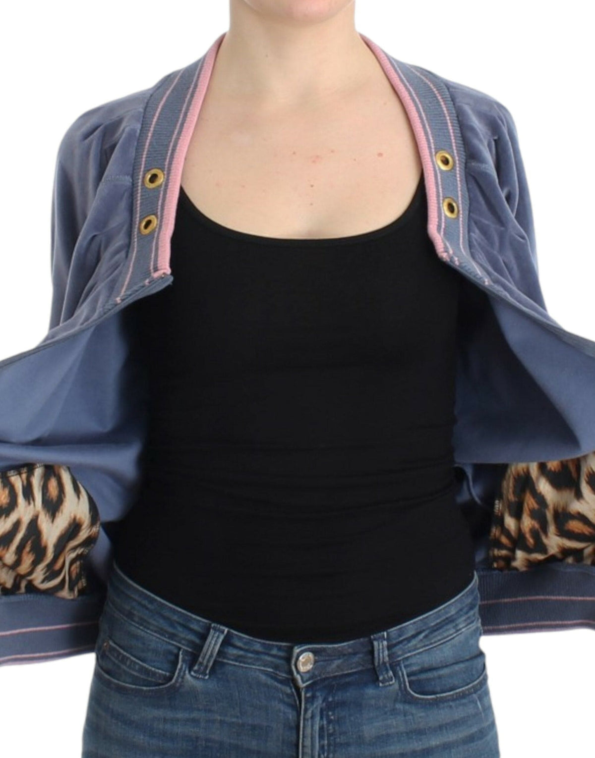 Cardigan zippé bleu élégant Cavalli avec détails dorés