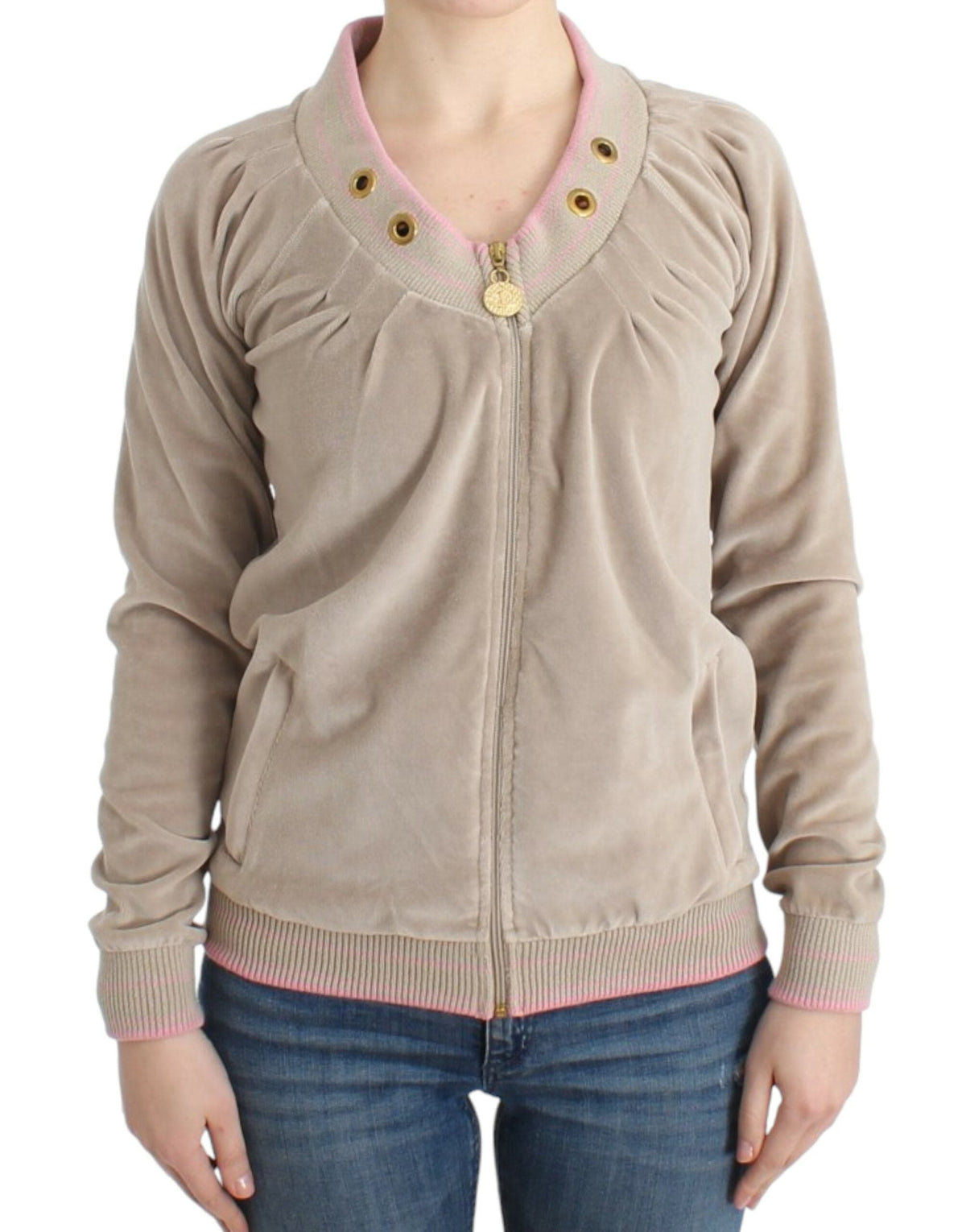 Cardigan zippé beige Cavalli avec détails dorés