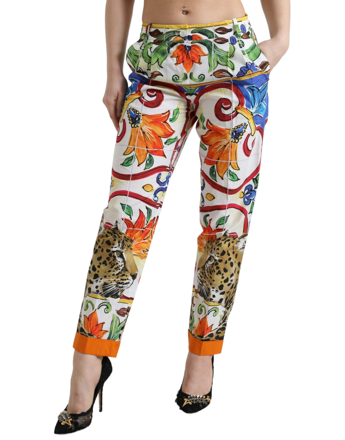 Pantalon fuselé en coton imprimé majolique Dolce &amp; Gabbana