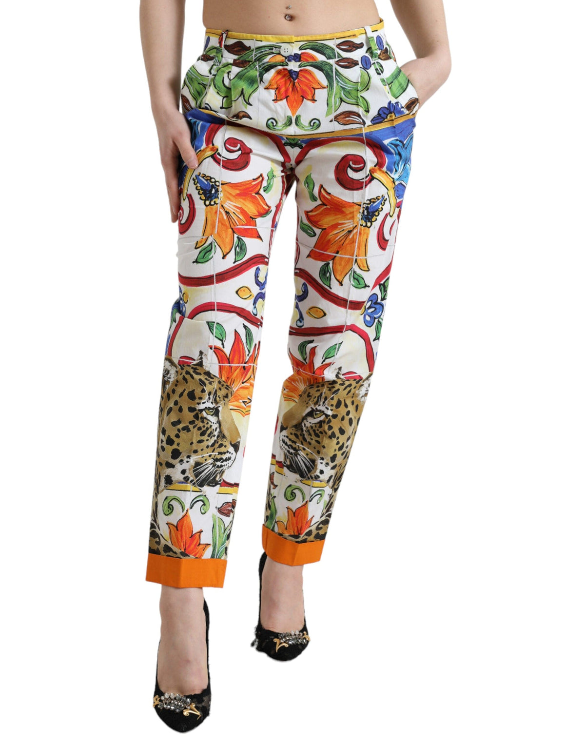 Pantalones ajustados de algodón con estampado Majolica de Dolce &amp; Gabbana