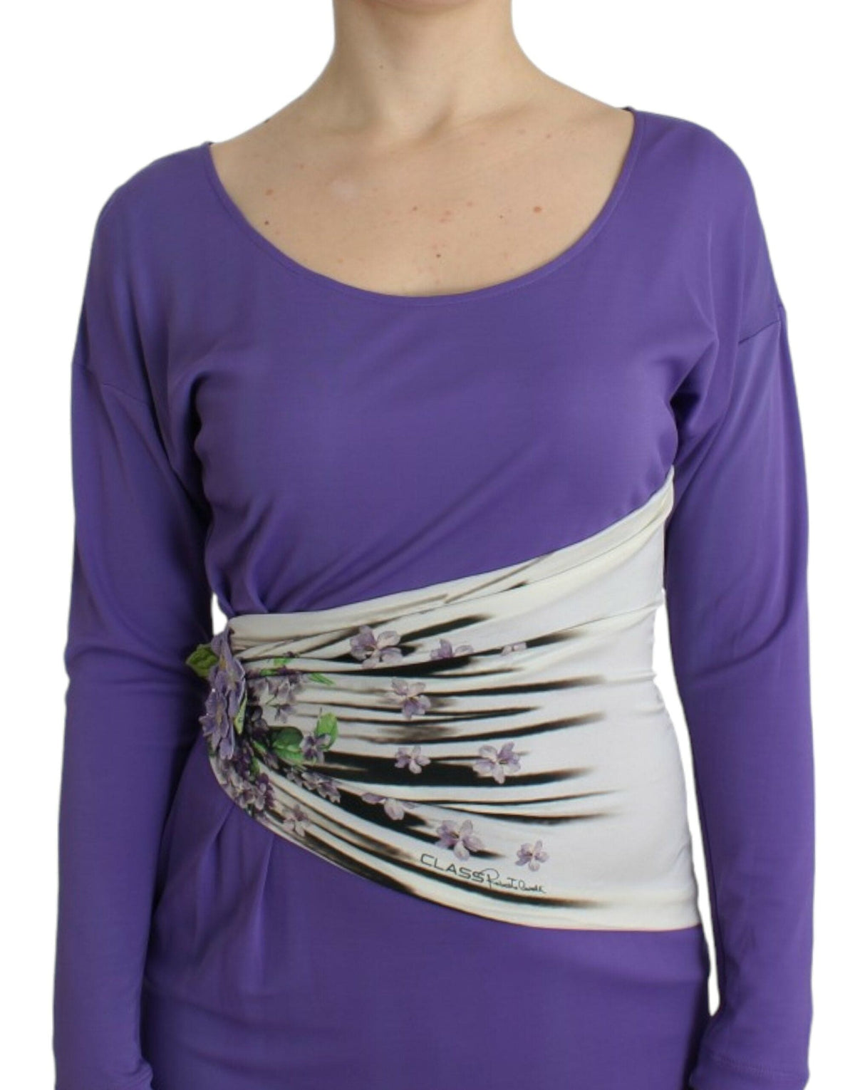 Vestido elegante de jersey con estampado floral morado de Cavalli