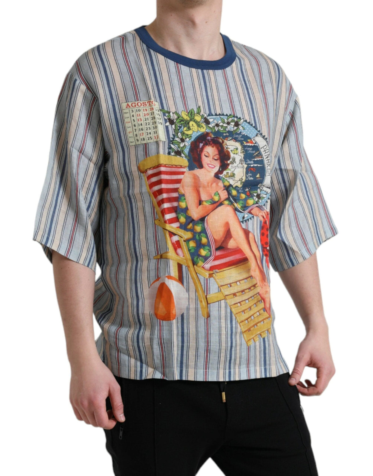 Camiseta elegante de lino con motivo AGOSTO de Dolce &amp; Gabbana