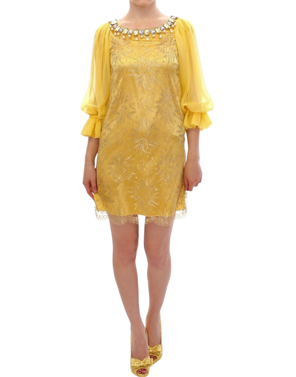 Minivestido de encaje amarillo adornado con cristales de Dolce &amp; Gabbana