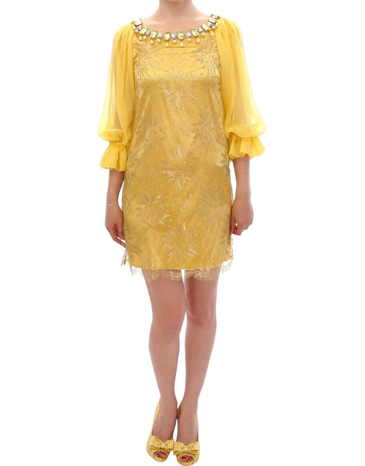 Minivestido de encaje amarillo adornado con cristales de Dolce &amp; Gabbana